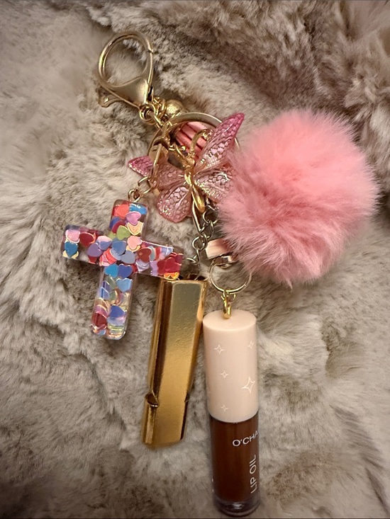 Handmade Accessories - Keychain- Gold-Tone Butterfly & Marble Cross Keychain Charm with Pom Pom